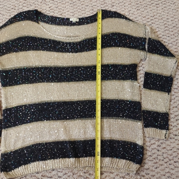 I.C.U. Women's Sequin Striped Pull Over Size L Open Knit Sweater Gold Black - Picture 2 of 14